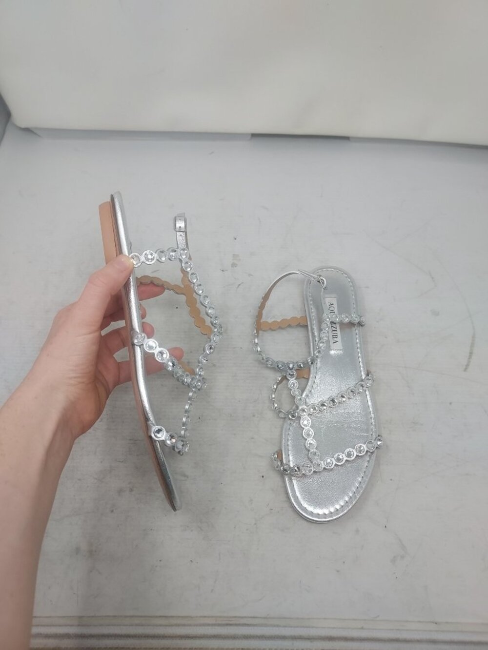 Aquazzura WOMENS Tequila Crystal Flat Strappy Silver Sandal